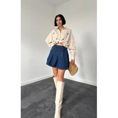 Krem Taş İşlemeli Gömlek