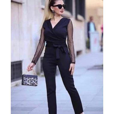 Krep Kumaş Kol Tül Puan Detaylı Kuşaklı Tulum 141 Cm