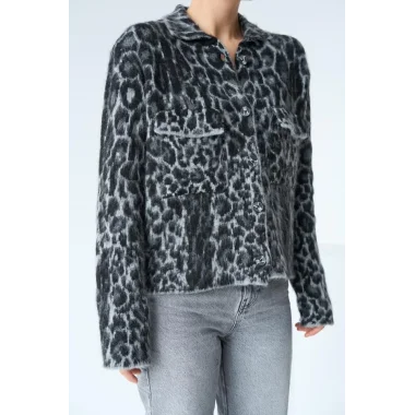 Leopar Desen Jakarlı Hırka - Siyah-Açık Gri