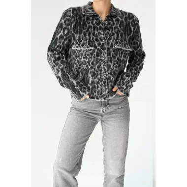 Leopar Desen Jakarlı Hırka - Siyah-Açık Gri