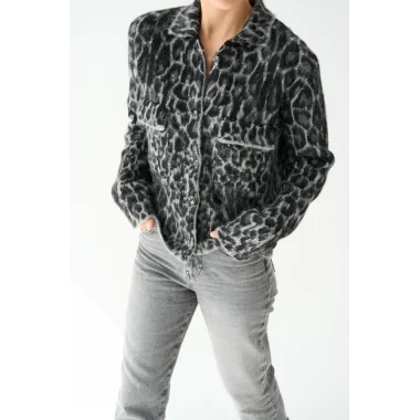 Leopar Desen Jakarlı Hırka - Siyah-Açık Gri
