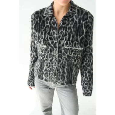 Leopar Desen Jakarlı Hırka - Siyah-Açık Gri