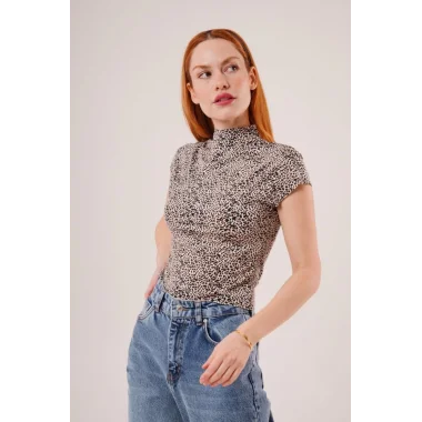 Leopar Desen Kısa Kollu Basic T-Shirt