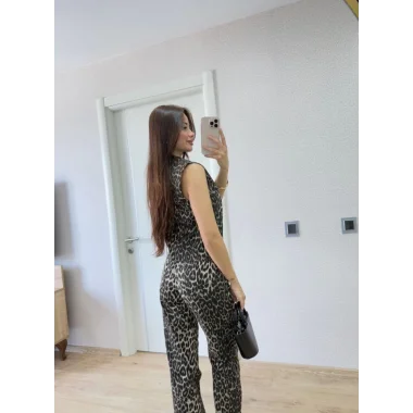 Leopar Desenli Düğmeli Bluzlu Pantolon İkili Takım -Leopar