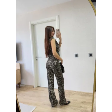 Leopar Desenli Düğmeli Bluzlu Pantolon İkili Takım -Leopar