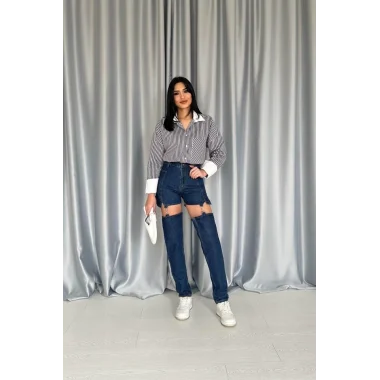 Mavi Askılı İki Parça Jeans Pantolon