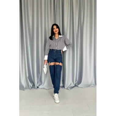 Mavi Askılı İki Parça Jeans Pantolon