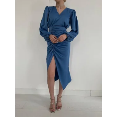 Mavi V Yaka Saten Elbise