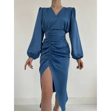 Mavi V Yaka Saten Elbise