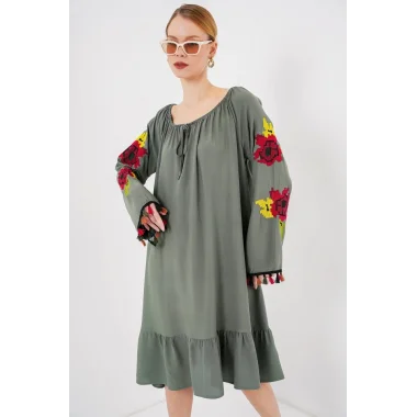 Nakışlı Midi Elbise 2531 - Haki