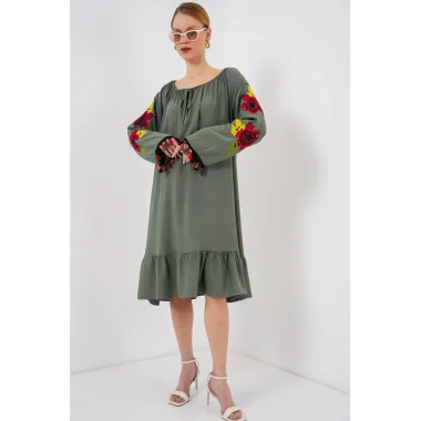 Nakışlı Midi Elbise 2531 - Haki