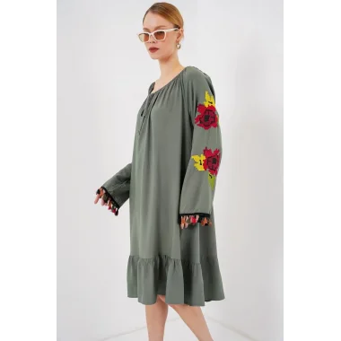 Nakışlı Midi Elbise 2531 - Haki