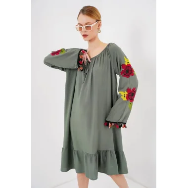 Nakışlı Midi Elbise 2531 - Haki