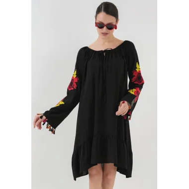 Nakışlı Midi Elbise 2531 - Siyah