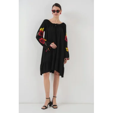 Nakışlı Midi Elbise 2531 - Siyah