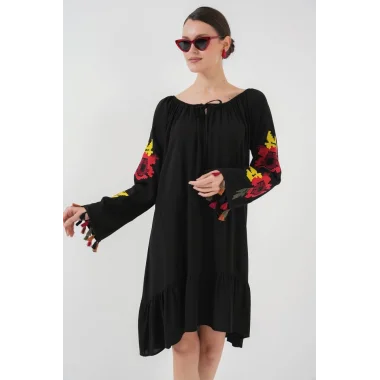 Nakışlı Midi Elbise 2531 - Siyah