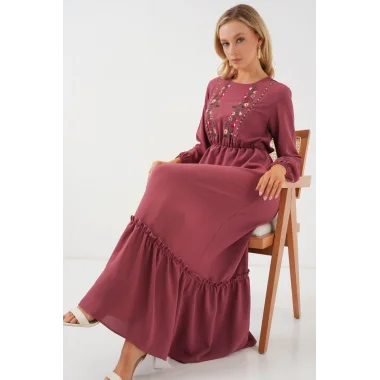 Nakışlı Uzun Tesettür Elbise 2550 - Gül Kurusu