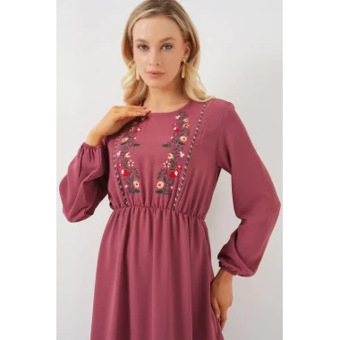 Nakışlı Uzun Tesettür Elbise 2550 - Gül Kurusu