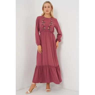 Nakışlı Uzun Tesettür Elbise 2550 - Gül Kurusu