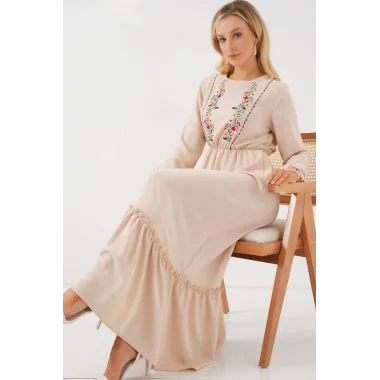 Nakışlı Uzun Tesettür Elbise 2550 - Krem