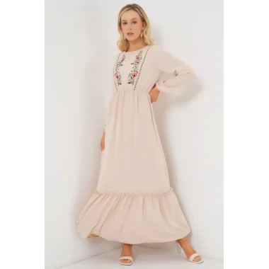 Nakışlı Uzun Tesettür Elbise 2550 - Krem