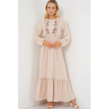 Nakışlı Uzun Tesettür Elbise 2550 - Krem