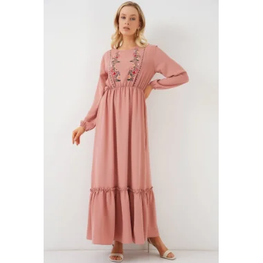 Nakışlı Uzun Tesettür Elbise 2550 - Pudra