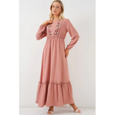 Nakışlı Uzun Tesettür Elbise 2550 - Pudra