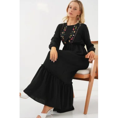 Nakışlı Uzun Tesettür Elbise 2550 - Siyah