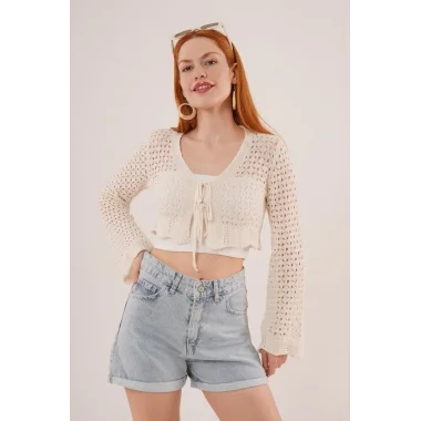 Ön Bağlamalı Ajurlu Crop Krem Hırka