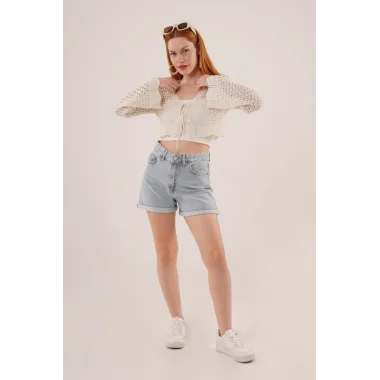 Ön Bağlamalı Ajurlu Crop Krem Hırka