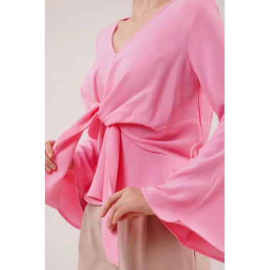 Ön Bağlamalı Volan Kol Pembe Bluz