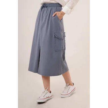 Ön Yırtmaçlı Cep Detaylı İndigo Etek