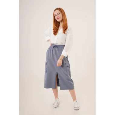 Ön Yırtmaçlı Cep Detaylı İndigo Etek