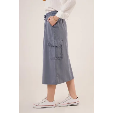 Ön Yırtmaçlı Cep Detaylı İndigo Etek