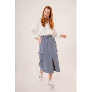 Ön Yırtmaçlı Cep Detaylı İndigo Etek