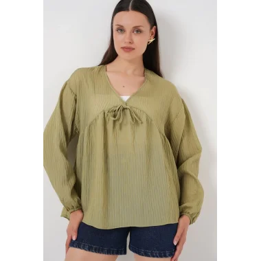 Önü Bağcıklı Uzun Kol Bluz 946 - Çağla
