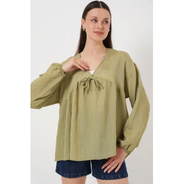 Önü Bağcıklı Uzun Kol Bluz 946 - Çağla