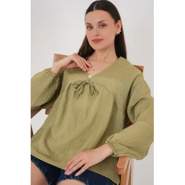 Önü Bağcıklı Uzun Kol Bluz 946 - Çağla