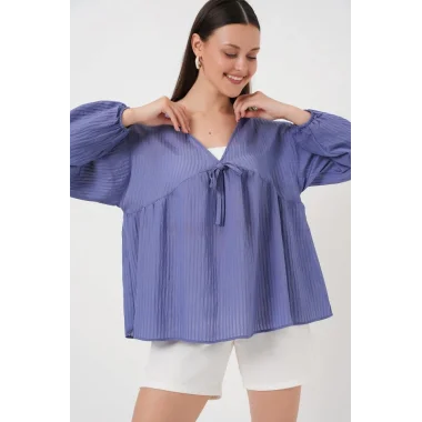 Önü Bağcıklı Uzun Kol Bluz 946 - İndigo