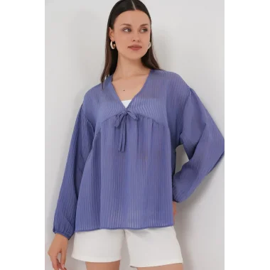 Önü Bağcıklı Uzun Kol Bluz 946 - İndigo