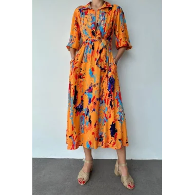 Oranj Çiçek Desenli Kemerli Elbise