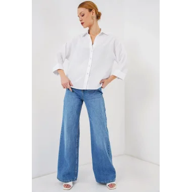 Oversize Kısa Kol Gömlek 20315 - Beyaz