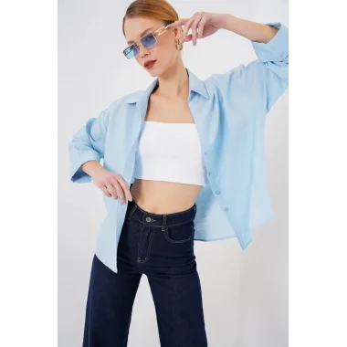 Oversize Kısa Kol Gömlek 20315 - Mavi
