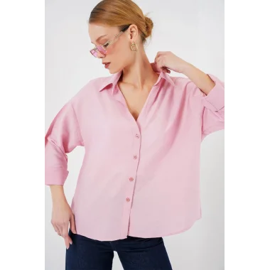 Oversize Kısa Kol Gömlek 20315 - Pembe