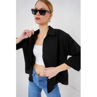 Oversize Kısa Kol Gömlek 20315 - Siyah