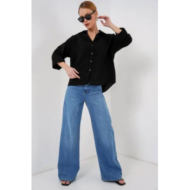 Oversize Kısa Kol Gömlek 20315 - Siyah