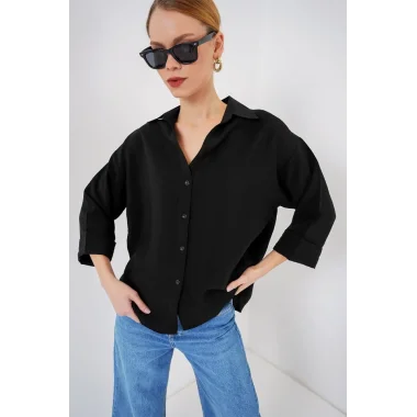 Oversize Kısa Kol Gömlek 20315 - Siyah