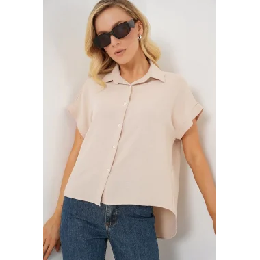 Oversize Kısa Kol Gömlek 20322 - Krem