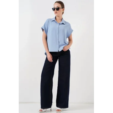 Oversize Kısa Kol Gömlek 20322 - Mavi